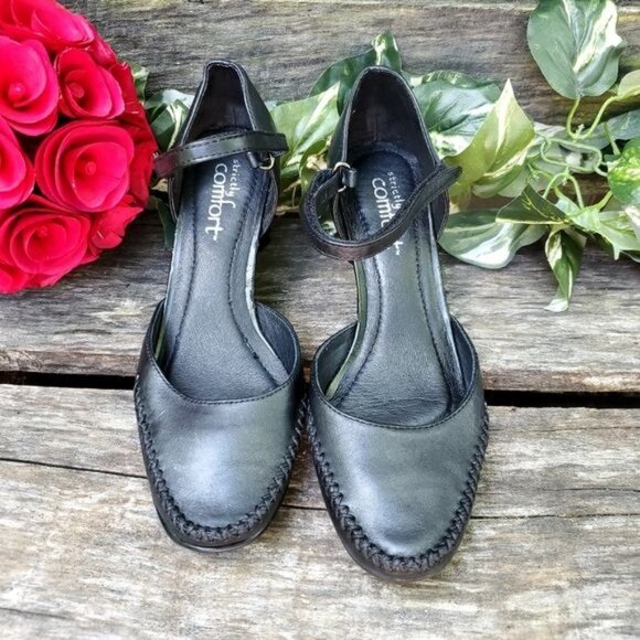 Strictly Comfort Black Mary Jane Heels Retro Swing Dancing Whip Stitch - Picture 4 of 8